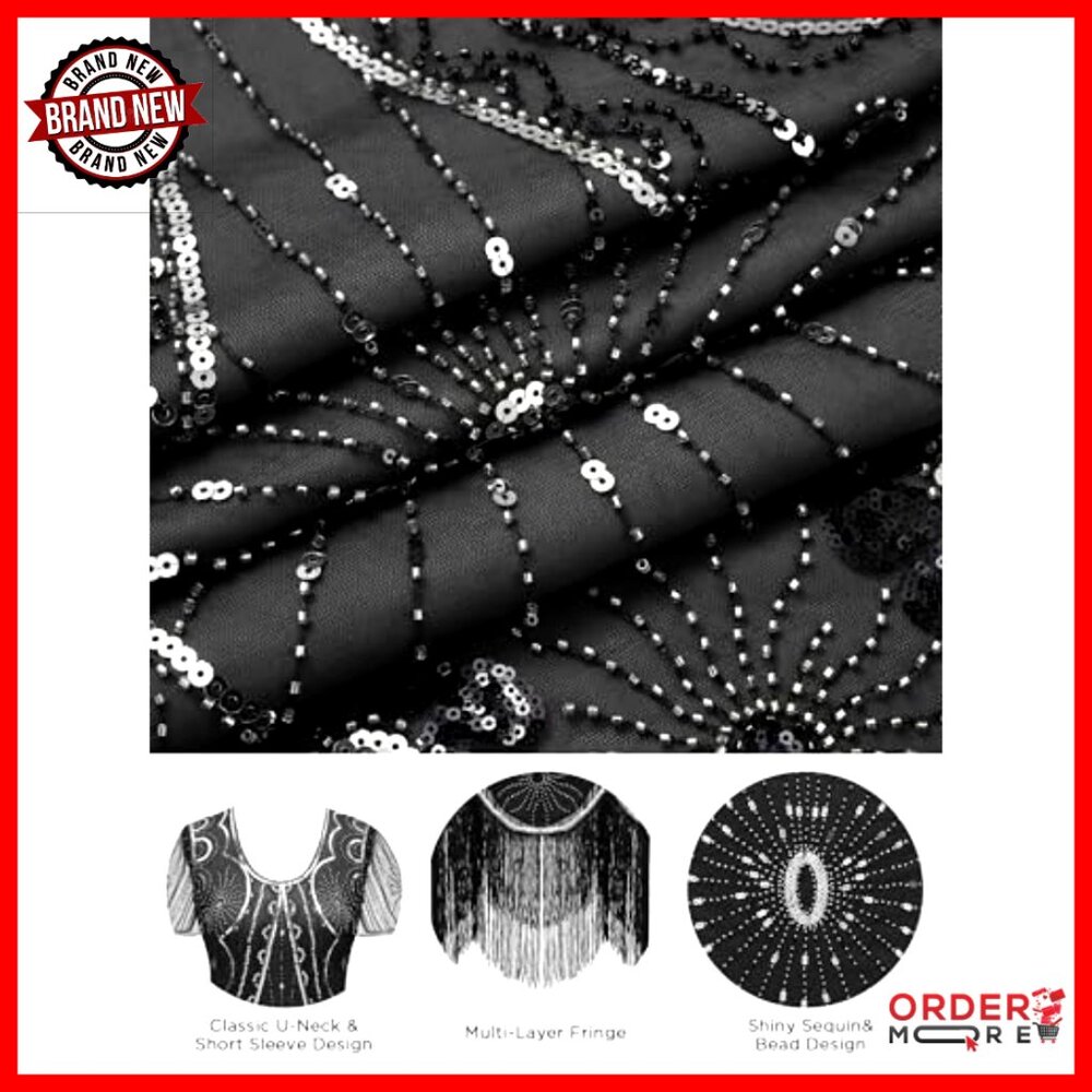 Flapper Dress 1920s Gatsby Costume with Accessories Set, Mesh Fabric - Picture 4 of 7